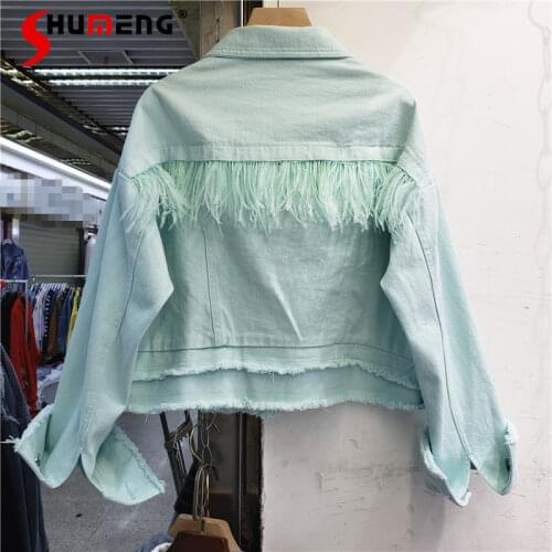 2021 Spring/Summer New Solid Color Lapel Long Sleeve Short Denim Coat Women Burrs Tassels Single Breasted Loose Jacket Female