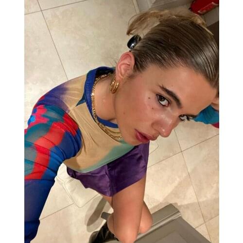 Womens Chic Sexy Sheer Mesh T-Shirts Long Sleeve Abstract Print Crew Neck Slim Fit Crop Tops Everyday Dressing Multi-Color S M L