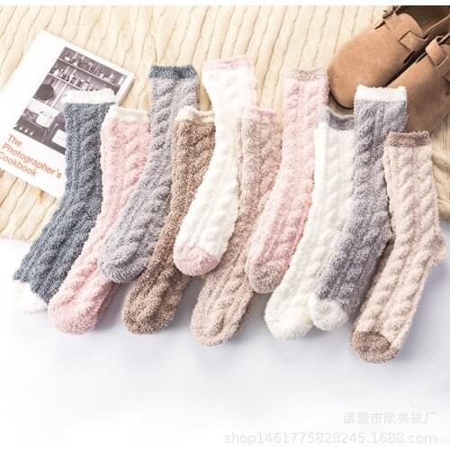 Women Warm Socks Winter Coral Fleece Cute Socks Candy Colors Force Twist Knitting Solid Color Mid Socks