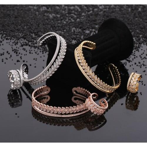2021 Elegant Womens Bracelet & Ring 2Pcs Set Zircon Flower Design Cuff Bangle Exquisite Jewelry Set Accessory Sweet Gift