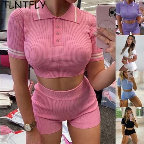 Sweater T-Shirt And Shorts Two Piece Womens Set 2021 Summer Short-Sleeved Bust Suit Sexy Tracksuits Skinny Cotton Sports Casual