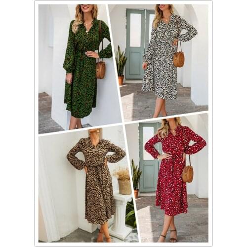 2021 NEW Spring Summer Dress with Buttons Women Clothes Leopard Print Long Sleeve Midi Dresses V-neck Party Dress Vestidos