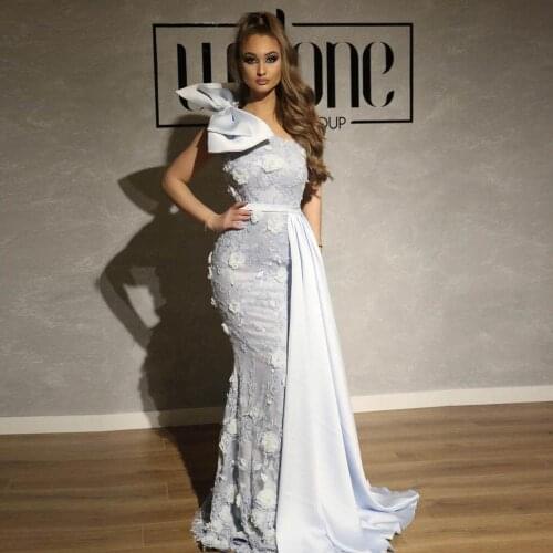 Ice Blue Robe de soiree Mermaid One Shoulder Prom Gown Dresses with Bow Lace Appliqued Overskirt Modest Evening Formal Dress