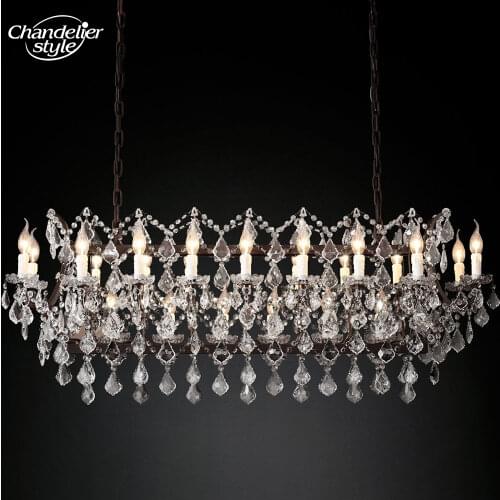 19th C. Rococo Iron & Crystal Rectangular Chandelier Lighting Linear Crystal Chandelier Hanging Lamp for Living Dining Room