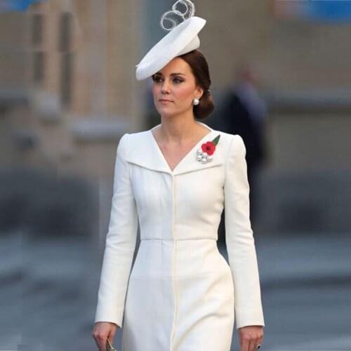 2019 Spring Kate Middleton Princess White Dress Solid Turn-Down Collar A-Line Dresses