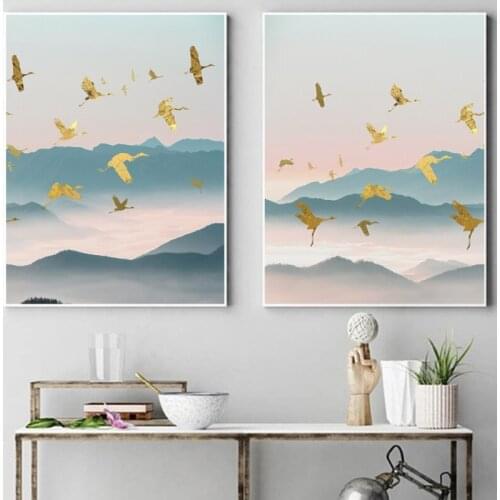 Abstract Beautiful Landscape Golden Bird Canvas Painting Wall Art Nordic Posters and Prints Wall Pictures for Living Room Decor