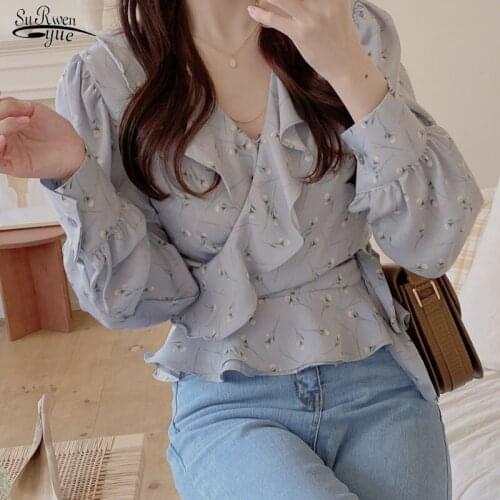 Blusas 2021 Spring Elegant Tops Blouse Women Long Sleeve Floral Chiffon Shirt Women Puff Sleeve Chic Office Lady Clothing 10249
