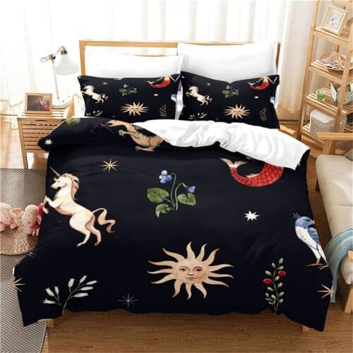 Black unicorn bedding set queen size mermaid printed duvet cover set king size comforter cover pillowcase bed linen kid bed set
