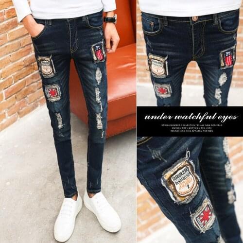 Spiritual guy 2021 Fashion ripped jeans mens small feet Slim Korean 2021 new wild scratched long teenager pencil pants men