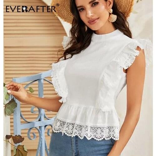 EVERAFTER Elegant Solid Ruffled Women Blouse O-neck Sleeveless Bow Sexy Backless Lace Summer White Basic All-match Female Shirts