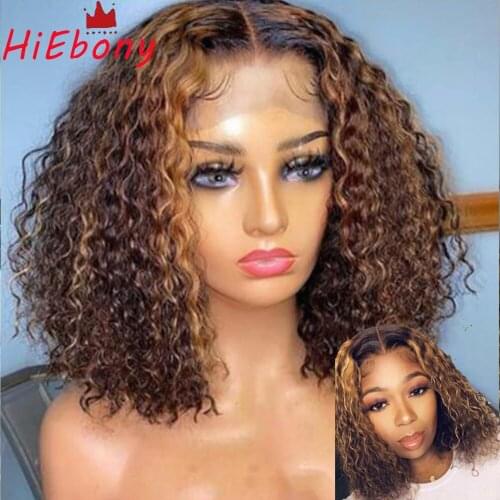 HiEbony Preplucked Lace Front Wigs Highlight 180% Density Curly Glueless Remy Hair Lace Front Wigs Short Transparent Lace Wigs