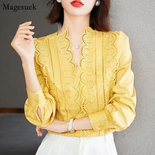 Lace Women Blouse Elegant Hollow Casual Woman Shirt Autumn New Long Sleeve Yellow V-neck Tops Lady Blusas Mujer De Moda 16373