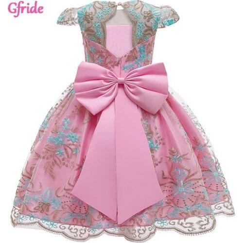 Girls Lace Bow Costumes Kids Flowers Evening Party Dress Princess Fancy Birthday Theme Clothing Vestidos pink purple blue