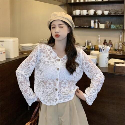 Summer Lightweight Hollow Out Perspective Shirts Woman Lace V-neck Crop Top Fashion Korean Female Clothing Long Sleeve Blouse