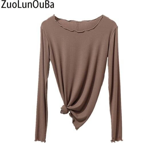 ZuoLunOuBa Summer Fashion Womens T Shirt Pure Brown Long Sleeve O Neck Modal Slim Tees Tops