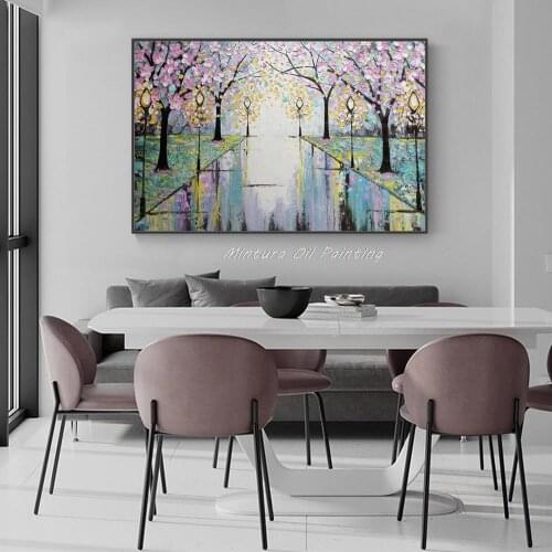 Free Shipping Handpainted Pink Flowers Road Street Lamp Abstract Palette Knife Oil Painting On Canvas Wall Decoration For Home