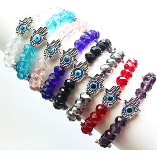 Fashion 5 Evil Eye Charms Hamsa Bracelet Colorful Crystal Glass Beads Bracelets For Women Girls Turkish Blue Eyes Hand Jewelry