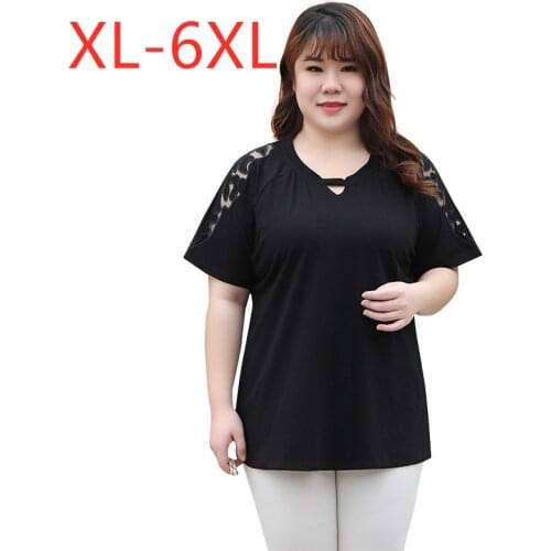New 2021 summer plus size tops for women large loose casual short sleeve cotton hollow out black V neck T-shirt 3XL 4XL 5XL 6XL