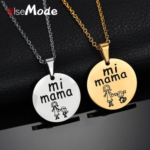 ELSEMODE mi mama Family Necklaces for Women Girls Gold Titanium Steel Round Pendant Neckalce Mother Birthday Gifts