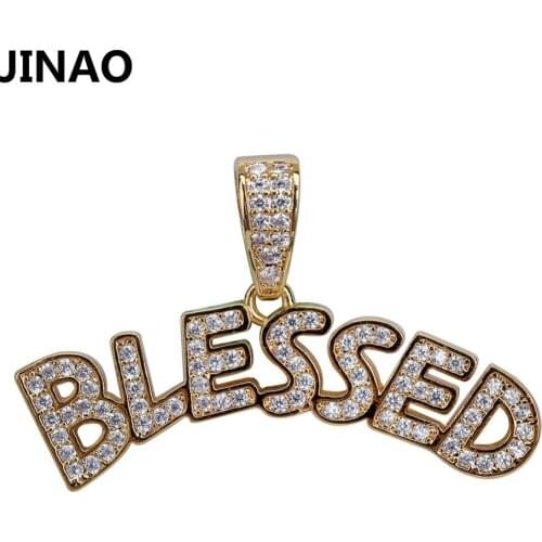 JINAO Blessed Iced Out Necklace & Pendant Statement Letters Gold Color Cubic Zircon Necklace Hip Hop Men Women Jewelry Gifts