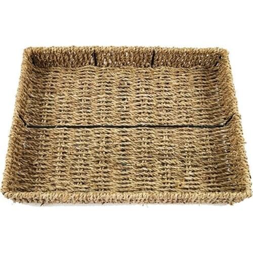 Handmade Woven Natural Color Rustic Seagr Serving Tray, Rectangular Storage Basket