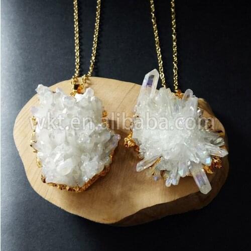 WT-N522 Natural clear crystal quartz pendant necklace raw beatiful quartz pendant necklace with 24k electricplated chain