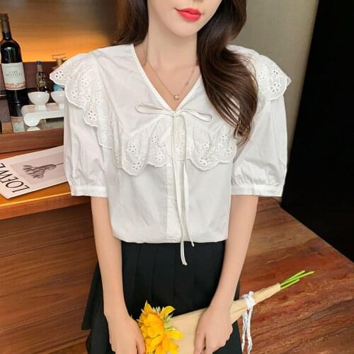 Womens 2021 Summer White Shirt Puff Sleeve Buttons Up Blouse Women Lace Patchwork Sweet Tops Sweet lace up Short Sleeve Blouses