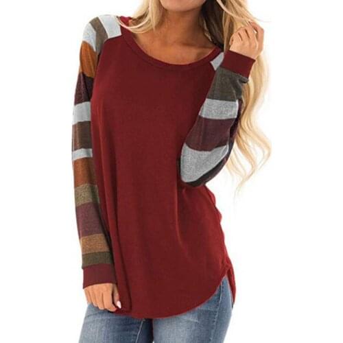 Patchwork Long Sleeve Casual Ladies T-shirts Slim Fits Casual O Neck Arc Hem Tunic Blouse Women Shirts Pullover Top 2021
