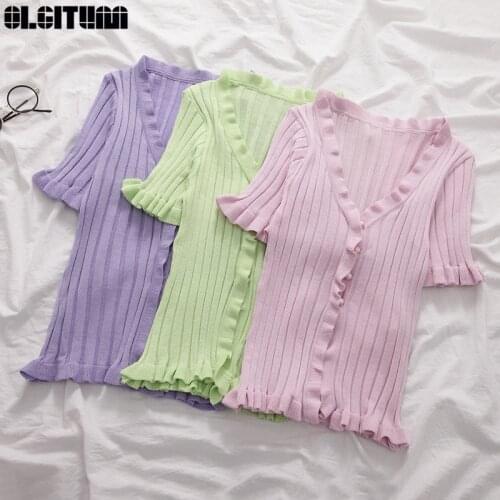 2020 Spring And Summer Fashion Fungus Slim Shirt Retro Fungus V-neck Sweater Purple Shirt Short Sleeve Cardigan футболка женская