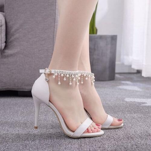 Women sandals wedding Party banquet PU Rhinestones Buckle Strap 9.5CM Thin High Heels Round Toe sandal women shoes size 35-42