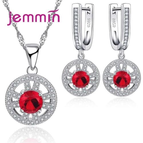 Fashion Hollow Round Design Luxury Ruby Jewelry Sets for Women Ladies Wedding Bridal 925 Sterling Silver Necklace/Earring