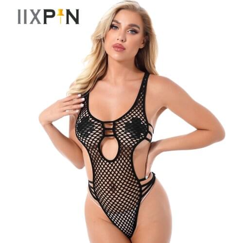 Womens Hollow Out Fishnet Bodysuit Plunging Neckline Strappy Catsuit Leotard See-through Cutout High Cut Sleeveless Sexy Romper