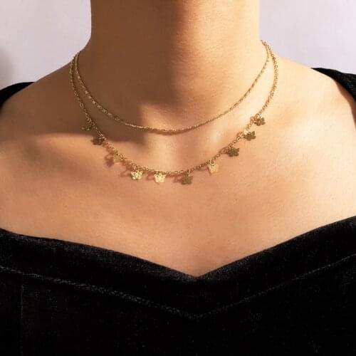 HuaTang Bohemian Butterfly Choker Necklace for Women Double Layer Gold Color Alloy Metal Clavicle Chain Charms Jewelry 9108