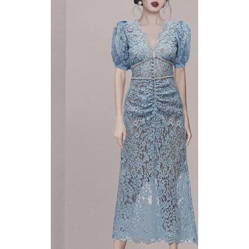 2021 Womens Sexy V-Neck Light Blue Pencil Lace Dress Puff Sleeve Luxury Diamond Beaded Runway Mid-Length Party Dress Vestidos