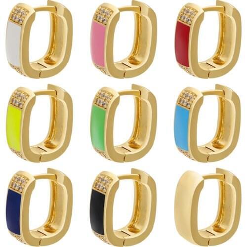 2Pcs Fluorescent Yellow Neon Green Small Earrings Square Enamel Circle Shape CZ Gold Color Chunky Earring For Women Jewelry