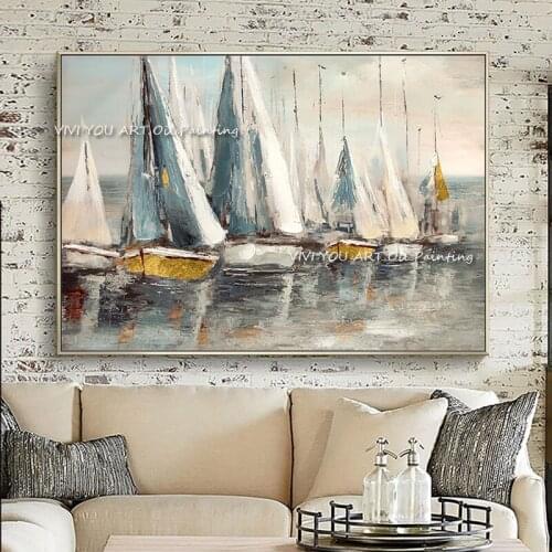 Abstract oil painting sailboat on the sea 100% Handmade picture wall decor for living room indoor home decoration no framed