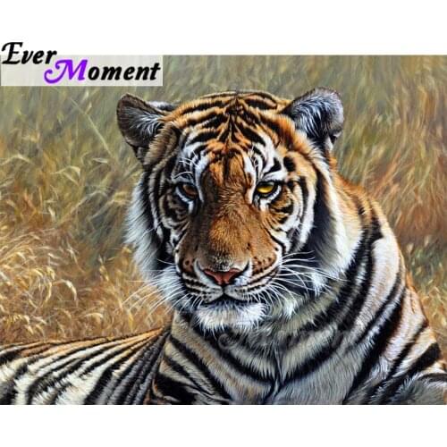 Ever Moment Diamond Painting 5D DIY Sitting Tiger Grass Decor Handmade Full Square Drill Diamond Embroidery Mosaic ASF1665