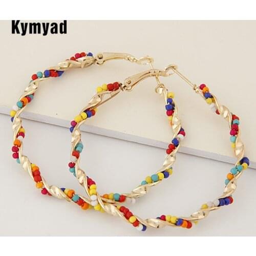 Kymyad Bohemia Beads Earrings Colorful Womens Hoop Earrings Statement Earrings Fashion Jewelry Big Round Earring (50mm)