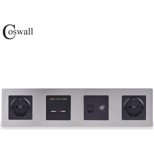 COSWALL Silver Stainless Steel Panel Black Double Wall EU Socket + Dual USB Charging Port + TV Jack with CAT5E Internet Port