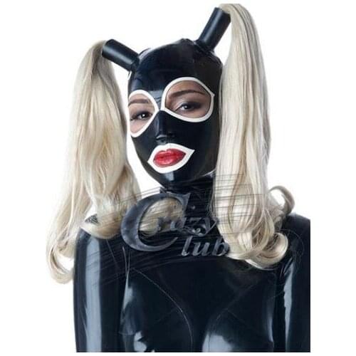Crazy club_Customized Latex Sexy Latex Mask Cosplay Party Hood With Wig with Trims