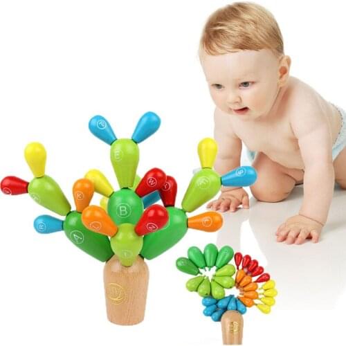 Wooden Cactus Balancing Toys for Toddler Early Education Removable Building Blocks for Baby Kids Developmental Intelligence Toy