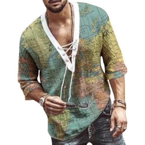 Dihope Mens Fashion Hippie Linen Shirt Casual Middle Sleeve V Neck Summer Beach Loose Tee Tops Solid Color T shirts 2021 New