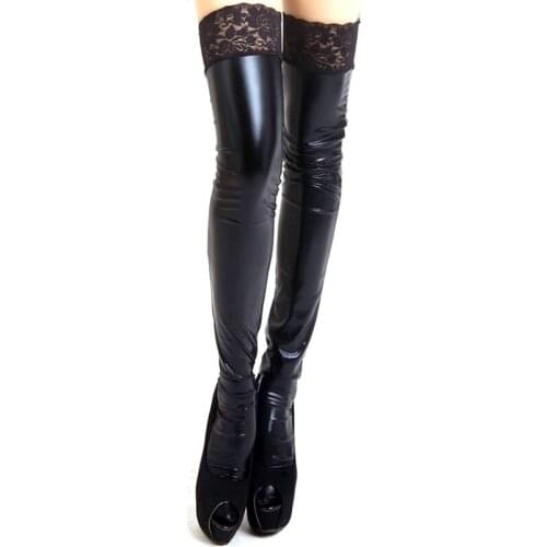 Hot Sale Wholesale Women Sexy Lady Wet Look Faux Leather Thigh High Stockings Lace Stay-Up 3 Colors New