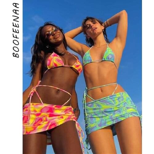 BOOFEENAA Sexy Printed Mini Skirts Sets with Bikini Top Womens Summer Clothing Beach Vacation Outfits Night Club Dress C83-BE16