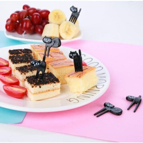 HOT! 6Pcs Black Cat Fruit Fork Mini Cartoon Snack Cake Dessert Food Fork Bento Lunches Toothpick Party Decor Tableware ABS Forks