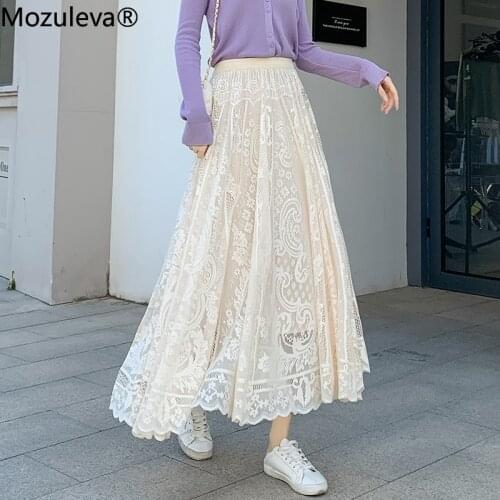 Mozuleva 2021 Spring Summer Women Ankle-Length Long Skirt Lace Korean Elegant Flare Sweet High Waist Wild Lady Skirts
