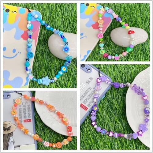 2021 New Colorful Acrylic Beads Pearl Charm Mobile Phone Chain Cellphone Strap Anti-lost Lanyard For Women Summer Jewelry