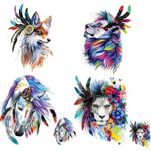 NEW Animal Feather Patches Iron On Stickers For T-shirts Diy Washable Heat Transfer Patches Lion Wolf Horse