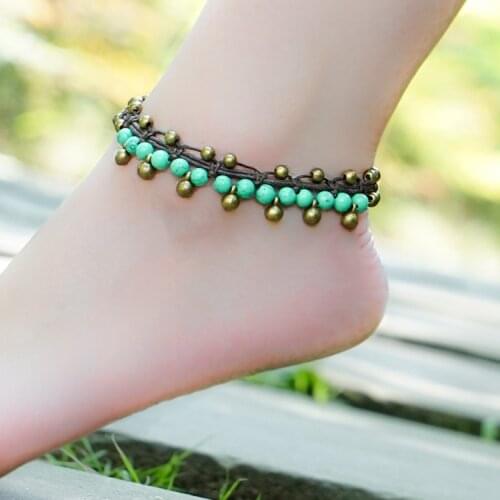 3colors women stone ethnic stones beads anklets chains,new handmade braided foot chains,fashion brass bell vintage anklets