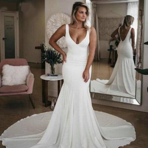 Simple Boho Women Mermaid Wedding Gowns Long 2020 Sexy V Neck Sleeveless Backless Wedding Dress Custom Made Beach Bride Dresses